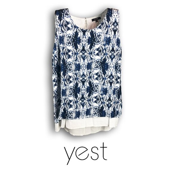 Yest white and navy abstract patterned layered tank top extra long size 8 - Picture 1 of 3